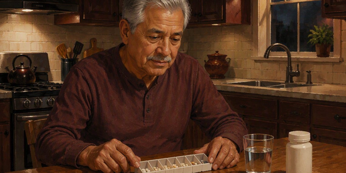 Hombre mayor sentado en la cocina por la noche frente a un pastillero, un vaso de agua y un frasco de medicamentos sobre la mesa.