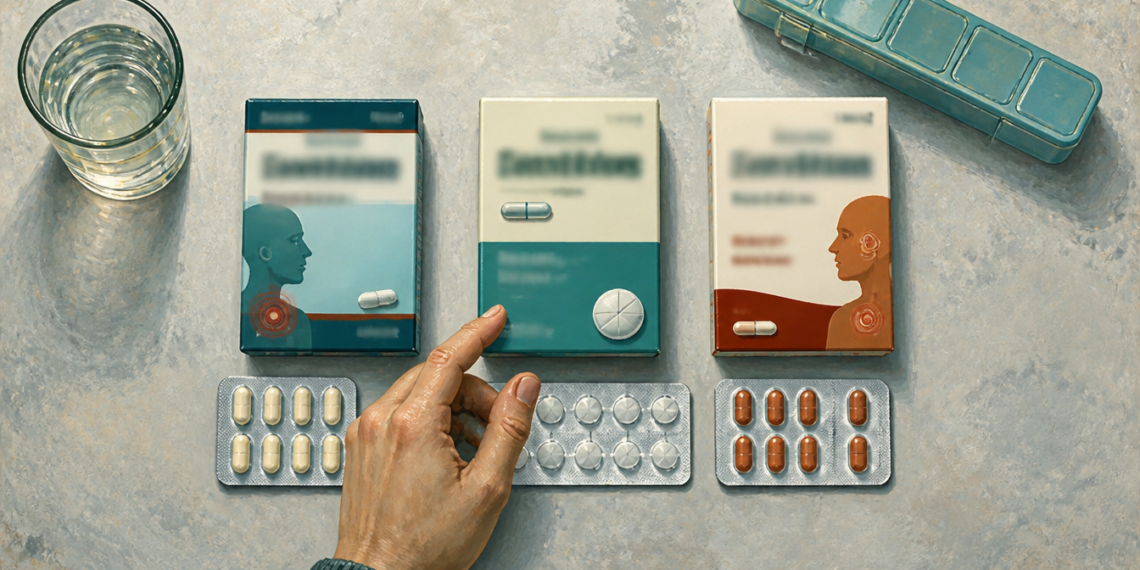 Mano adulta señalando varias cajas y blísteres de medicamentos colocados sobre una mesa, junto a un vaso de agua y un pastillero.