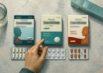 Mano adulta señalando varias cajas y blísteres de medicamentos colocados sobre una mesa, junto a un vaso de agua y un pastillero.