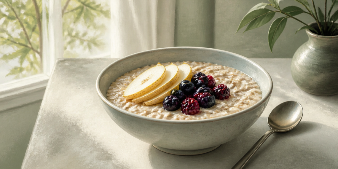 Cuenco de avena cremosa con rodajas de pera y frutos rojos sobre una mesa, acompañado de una cuchara junto a una ventana.