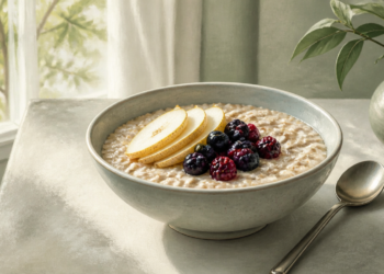 Cuenco de avena cremosa con rodajas de pera y frutos rojos sobre una mesa, acompañado de una cuchara junto a una ventana.