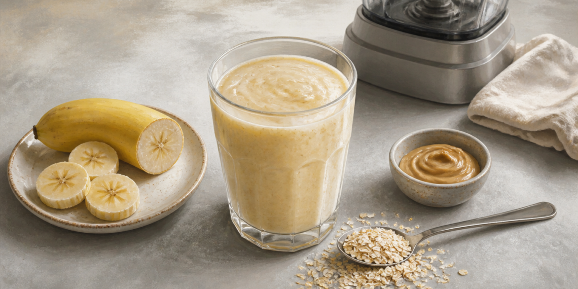Batido cremoso de plátano en un vaso junto a rodajas de plátano, avena, crema de frutos secos y una licuadora sobre una encimera.