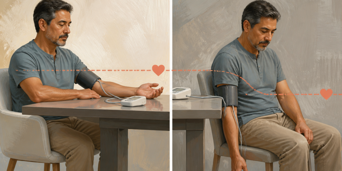 Hombre adulto midiéndose la presión arterial en casa con un tensiómetro de brazo, mostrado en dos posturas diferentes sentado junto a una mesa.