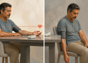 Hombre adulto midiéndose la presión arterial en casa con un tensiómetro de brazo, mostrado en dos posturas diferentes sentado junto a una mesa.