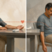 Hombre adulto midiéndose la presión arterial en casa con un tensiómetro de brazo, mostrado en dos posturas diferentes sentado junto a una mesa.