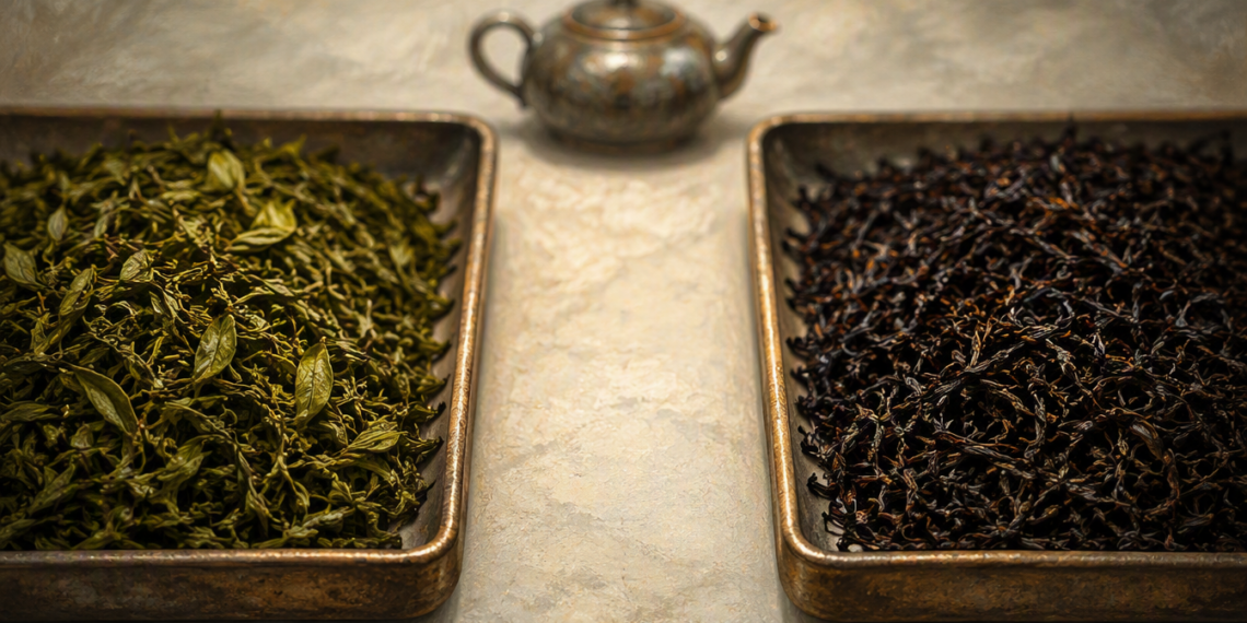 Dos bandejas con hojas de té secas, una de té verde y otra de té negro, colocadas sobre una superficie clara con una tetera al fondo.