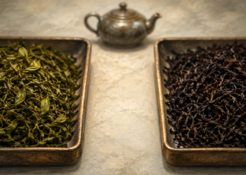 Dos bandejas con hojas de té secas, una de té verde y otra de té negro, colocadas sobre una superficie clara con una tetera al fondo.