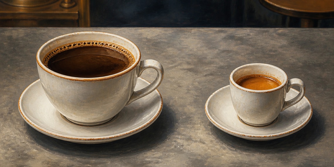 Dos tazas de café sobre sus platos, una grande con café negro y otra más pequeña con café más concentrado, colocadas sobre una superficie gris.