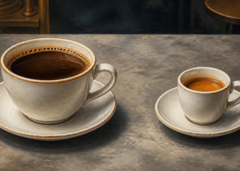 Dos tazas de café sobre sus platos, una grande con café negro y otra más pequeña con café más concentrado, colocadas sobre una superficie gris.