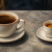Dos tazas de café sobre sus platos, una grande con café negro y otra más pequeña con café más concentrado, colocadas sobre una superficie gris.