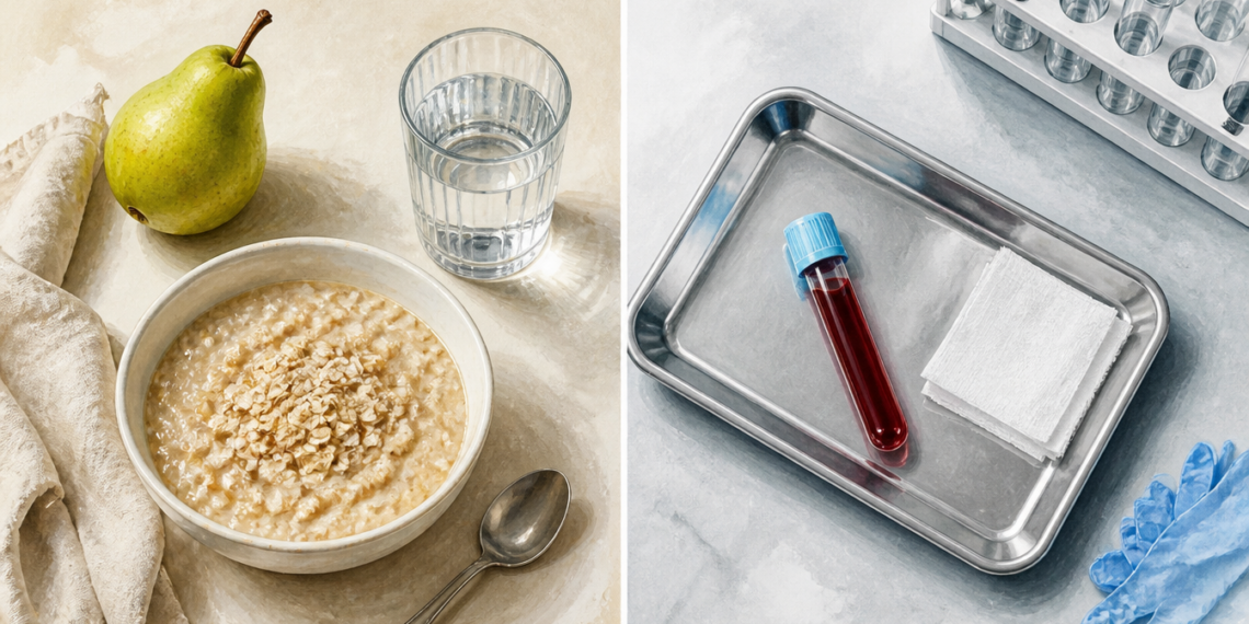Composición dividida con un desayuno de avena, pera y agua a la izquierda, y una muestra de sangre con material de laboratorio a la derecha.