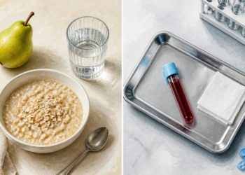 Composición dividida con un desayuno de avena, pera y agua a la izquierda, y una muestra de sangre con material de laboratorio a la derecha.