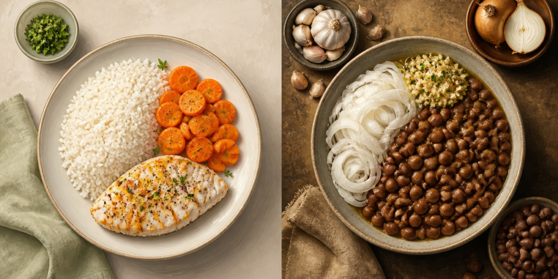 Composición dividida con un plato de arroz, zanahoria y pechuga de pollo a la izquierda, y un cuenco con legumbres, cebolla y ajo a la derecha.