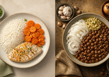 Composición dividida con un plato de arroz, zanahoria y pechuga de pollo a la izquierda, y un cuenco con legumbres, cebolla y ajo a la derecha.