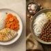 Composición dividida con un plato de arroz, zanahoria y pechuga de pollo a la izquierda, y un cuenco con legumbres, cebolla y ajo a la derecha.