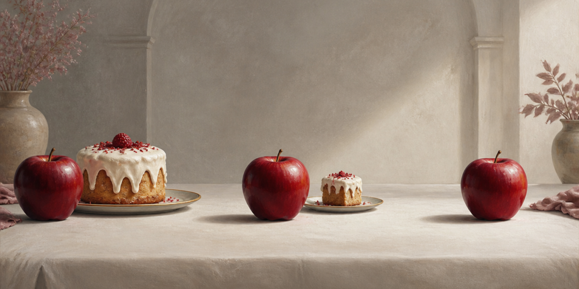 Tres manzanas rojas dispuestas sobre una mesa junto a un pastel grande y una porción pequeña de pastel con cobertura blanca, en una composición comparativa.