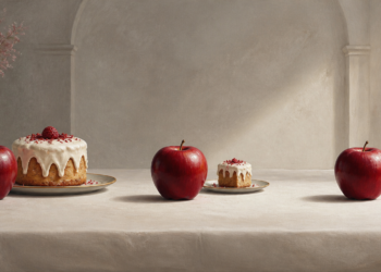 Tres manzanas rojas dispuestas sobre una mesa junto a un pastel grande y una porción pequeña de pastel con cobertura blanca, en una composición comparativa.