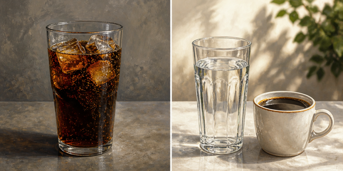Comparación entre un vaso de bebida oscura con hielo y, al lado, un vaso de agua junto a una taza de café.