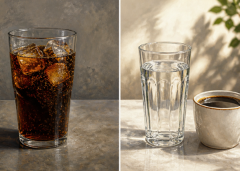 Comparación entre un vaso de bebida oscura con hielo y, al lado, un vaso de agua junto a una taza de café.