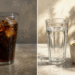 Comparación entre un vaso de bebida oscura con hielo y, al lado, un vaso de agua junto a una taza de café.