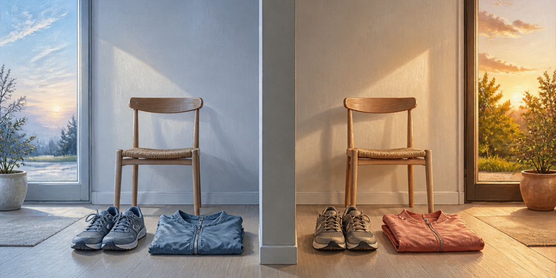 Dos espacios interiores comparativos con una silla, zapatillas deportivas y ropa de ejercicio: uno iluminado con luz azulada de la mañana y otro con luz cálida del atardecer.