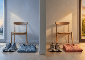 Dos espacios interiores comparativos con una silla, zapatillas deportivas y ropa de ejercicio: uno iluminado con luz azulada de la mañana y otro con luz cálida del atardecer.