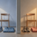Dos espacios interiores comparativos con una silla, zapatillas deportivas y ropa de ejercicio: uno iluminado con luz azulada de la mañana y otro con luz cálida del atardecer.