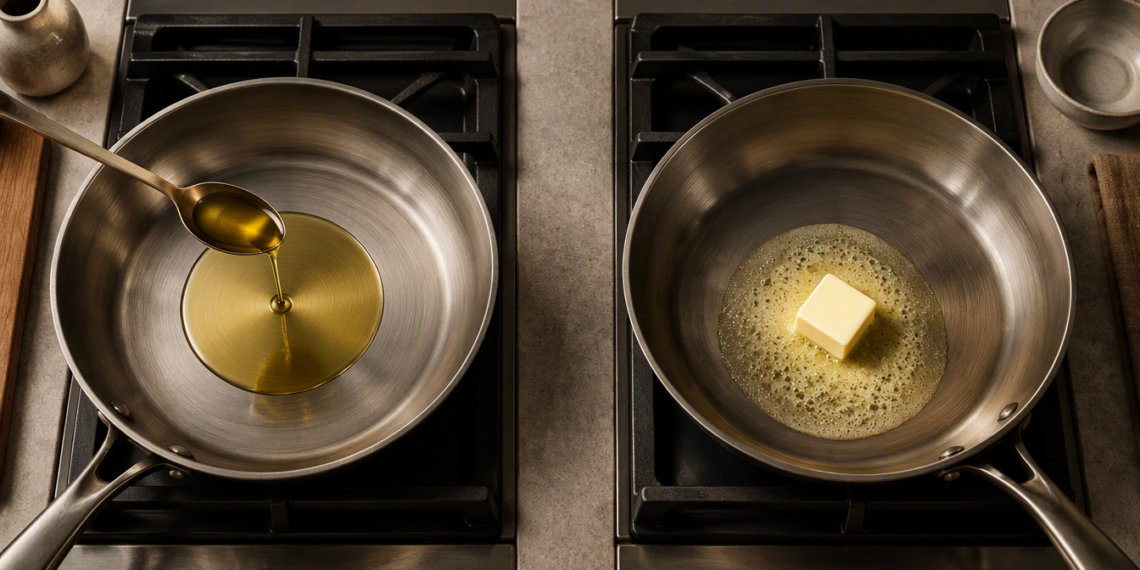 Dos sartenes sobre una cocina de gas: una con aceite de oliva vertido desde una cuchara y otra con un trozo de mantequilla derritiéndose.