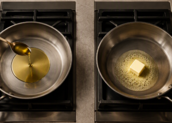 Dos sartenes sobre una cocina de gas: una con aceite de oliva vertido desde una cuchara y otra con un trozo de mantequilla derritiéndose.