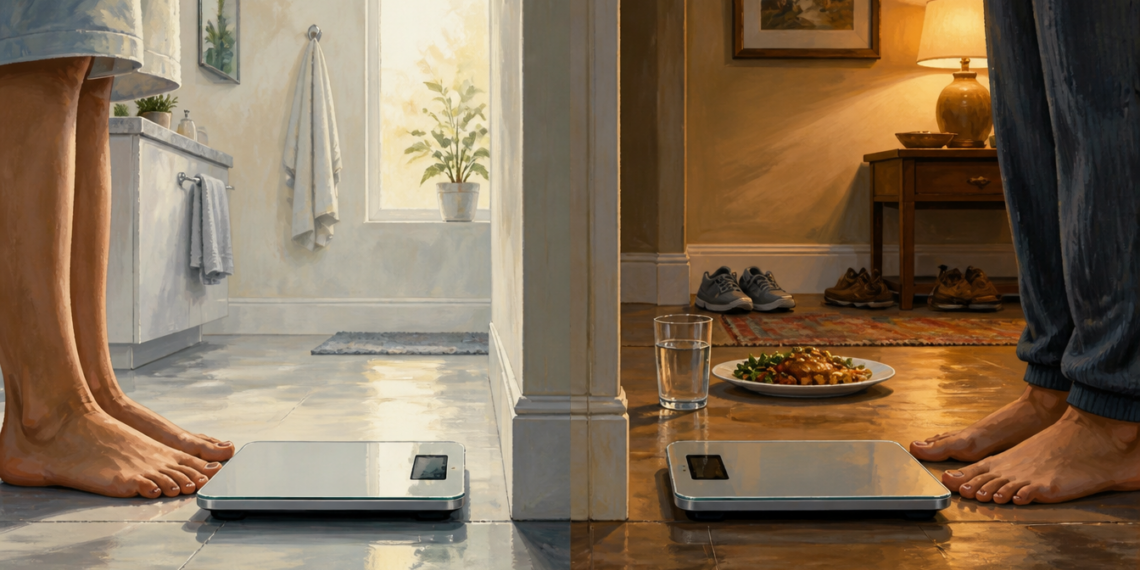 Imagen dividida en dos escenas con básculas digitales: a la izquierda, una persona descalza en un baño iluminado; a la derecha, otra persona descalza junto a un plato de comida y un vaso de agua en un ambiente más cálido.