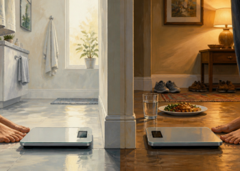 Imagen dividida en dos escenas con básculas digitales: a la izquierda, una persona descalza en un baño iluminado; a la derecha, otra persona descalza junto a un plato de comida y un vaso de agua en un ambiente más cálido.