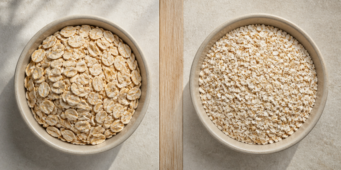 Dos recipientes vistos desde arriba comparan copos de avena tradicional enteros con avena instantánea de textura más fina.