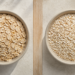 Dos recipientes vistos desde arriba comparan copos de avena tradicional enteros con avena instantánea de textura más fina.