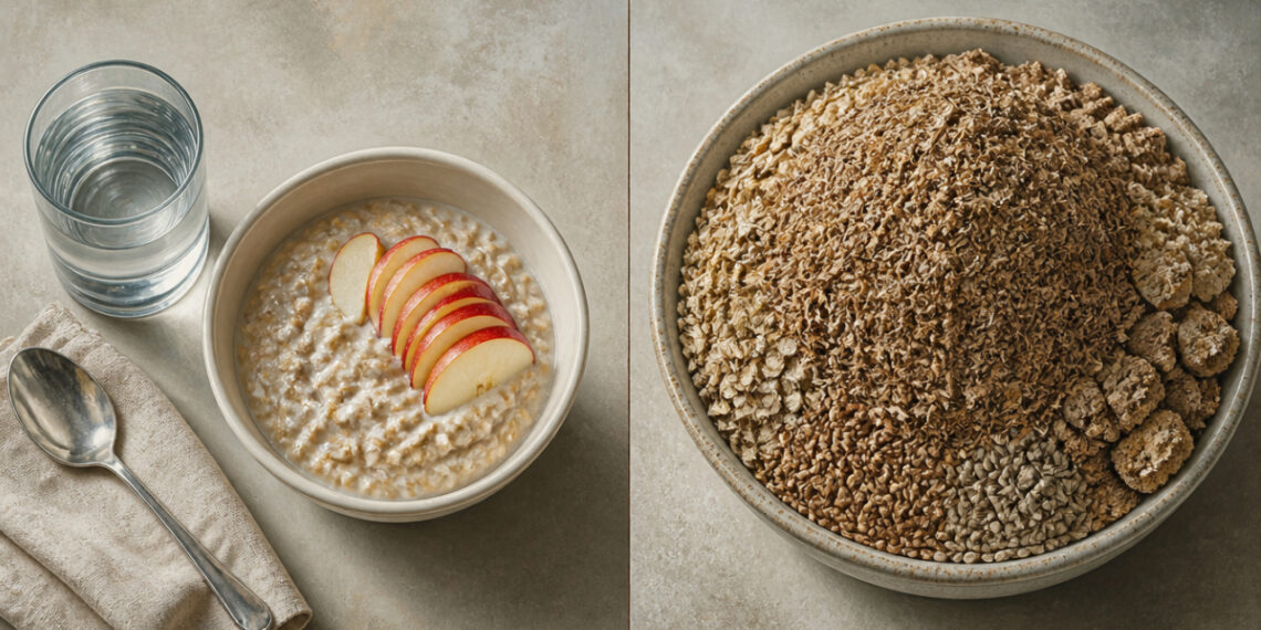 Composición dividida con un cuenco de avena cremosa y manzana junto a un vaso de agua, y otro cuenco con cereales, semillas y salvado ricos en fibra.