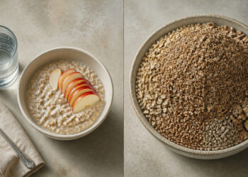 Composición dividida con un cuenco de avena cremosa y manzana junto a un vaso de agua, y otro cuenco con cereales, semillas y salvado ricos en fibra.