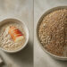 Composición dividida con un cuenco de avena cremosa y manzana junto a un vaso de agua, y otro cuenco con cereales, semillas y salvado ricos en fibra.