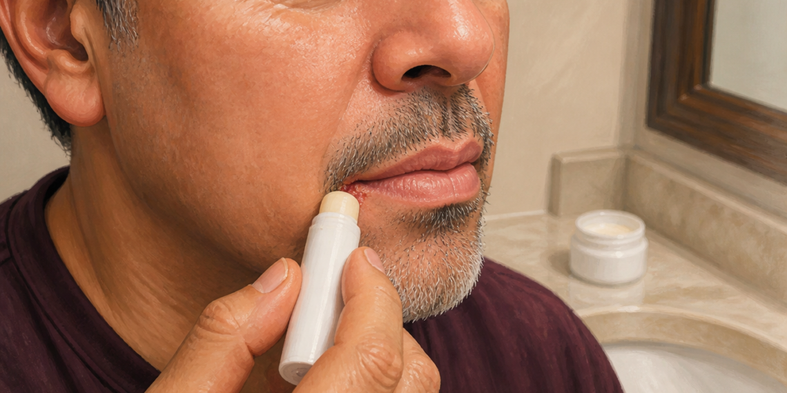 Hombre adulto aplicando un bálsamo en una comisura de los labios, con piel reseca visible alrededor de la boca, frente al espejo de un baño.