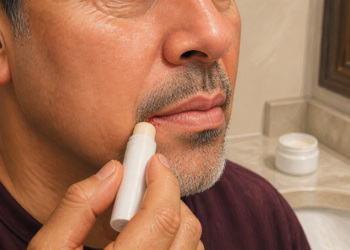 Hombre adulto aplicando un bálsamo en una comisura de los labios, con piel reseca visible alrededor de la boca, frente al espejo de un baño.