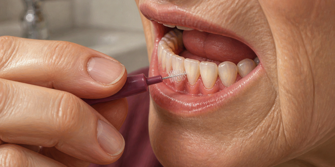 Persona mayor utilizando un cepillo interdental entre los dientes inferiores, con las encías y la zona dental visibles en primer plano.