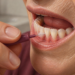Persona mayor utilizando un cepillo interdental entre los dientes inferiores, con las encías y la zona dental visibles en primer plano.