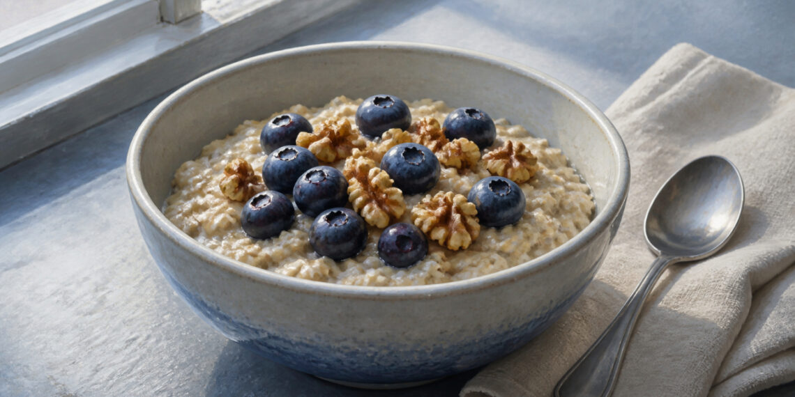 Tazón de avena cremosa con arándanos y nueces sobre una mesa junto a una ventana, acompañado de una cuchara y una servilleta clara.