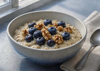 Tazón de avena cremosa con arándanos y nueces sobre una mesa junto a una ventana, acompañado de una cuchara y una servilleta clara.