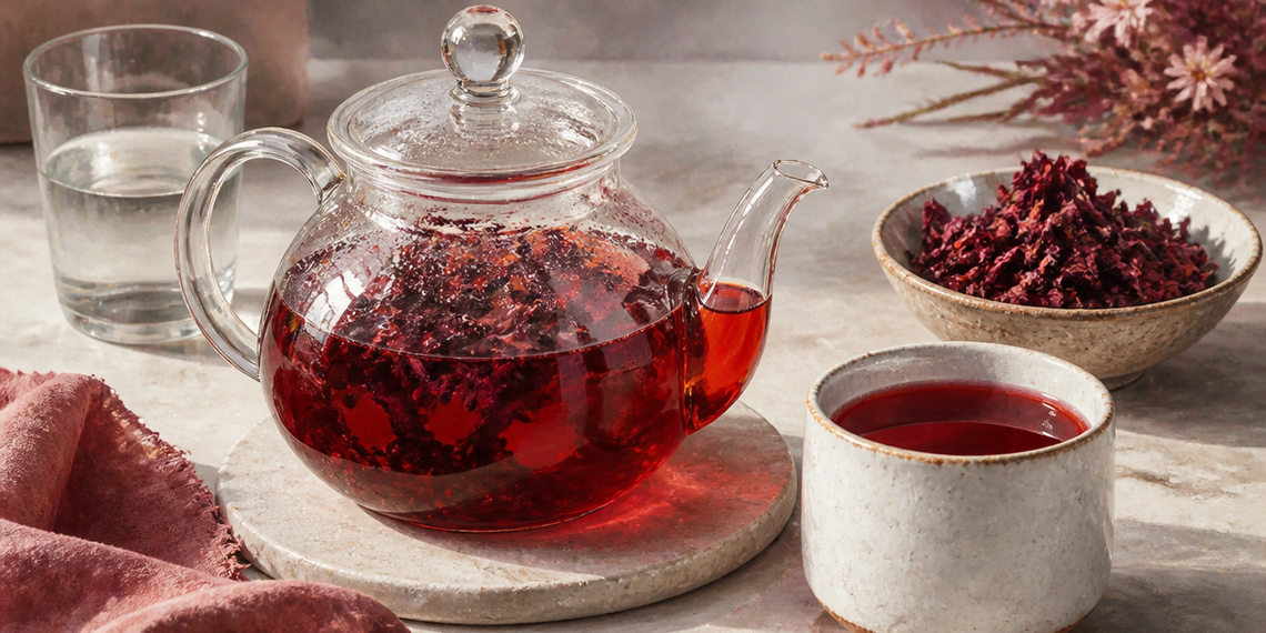 Tetera de vidrio con una infusión roja servida junto a una taza, un vaso de agua y un cuenco con hierbas secas sobre una superficie de cocina.