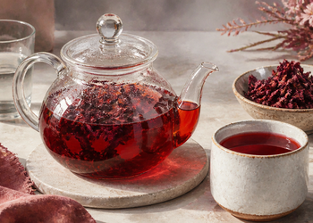Tetera de vidrio con una infusión roja servida junto a una taza, un vaso de agua y un cuenco con hierbas secas sobre una superficie de cocina.