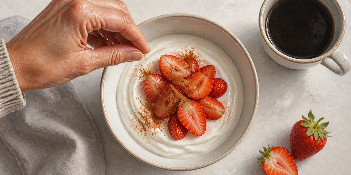 Mano espolvoreando una especia sobre un cuenco de yogur con fresas, acompañado de una taza de café y fresas frescas sobre la mesa.