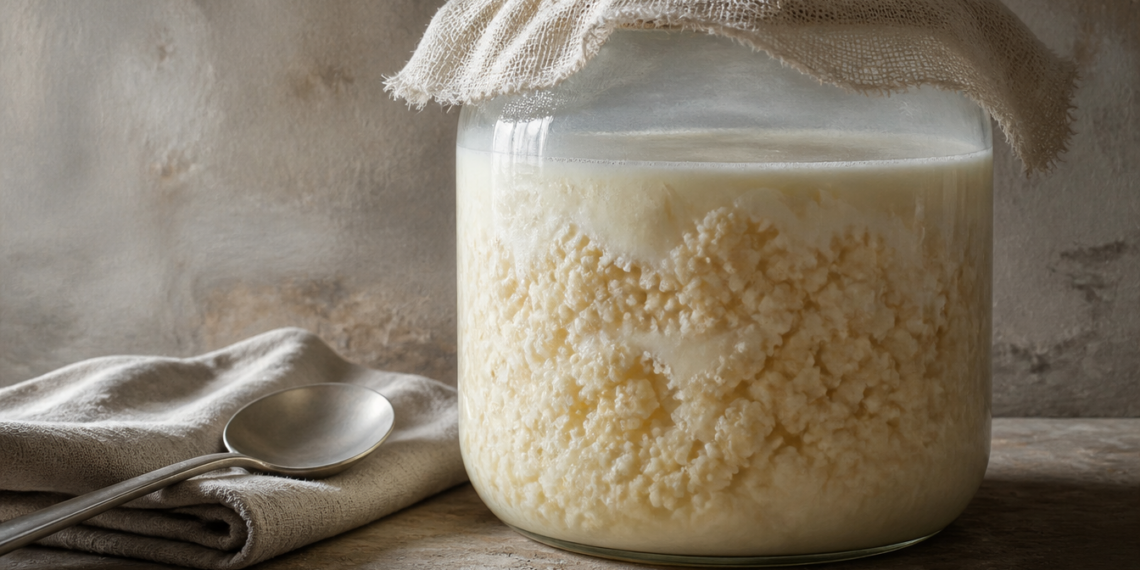 Frasco de vidrio con una preparación láctea fermentada de aspecto espeso y grumoso, cubierto con una tela, junto a una cuchara metálica sobre un paño.