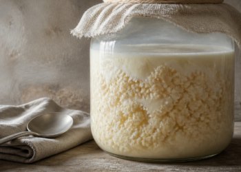 Frasco de vidrio con una preparación láctea fermentada de aspecto espeso y grumoso, cubierto con una tela, junto a una cuchara metálica sobre un paño.