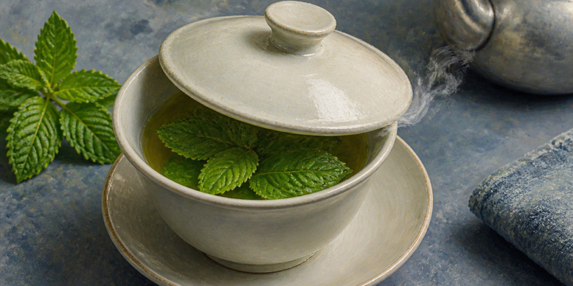 Taza de infusión caliente con hojas frescas de menta, parcialmente cubierta con una tapa de cerámica, junto a más hojas de menta y una tetera.