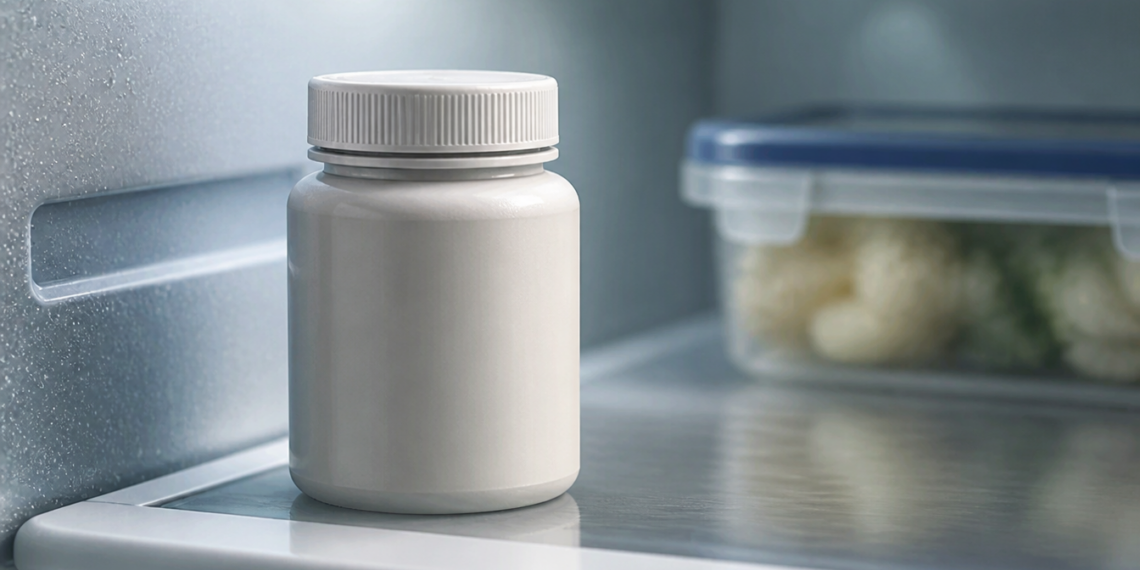 Frasco blanco cerrado y sin etiqueta visible colocado en el interior de un refrigerador, junto a un recipiente transparente con alimentos al fondo.