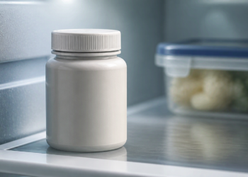 Frasco blanco cerrado y sin etiqueta visible colocado en el interior de un refrigerador, junto a un recipiente transparente con alimentos al fondo.